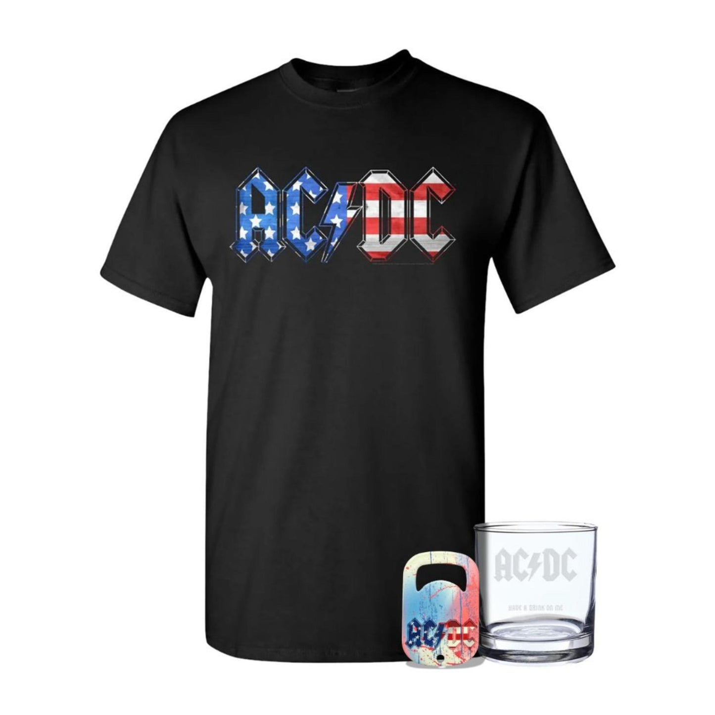 Glass and AC/DC Old Glory T-Shirt Bundle + Free Bottle Opener