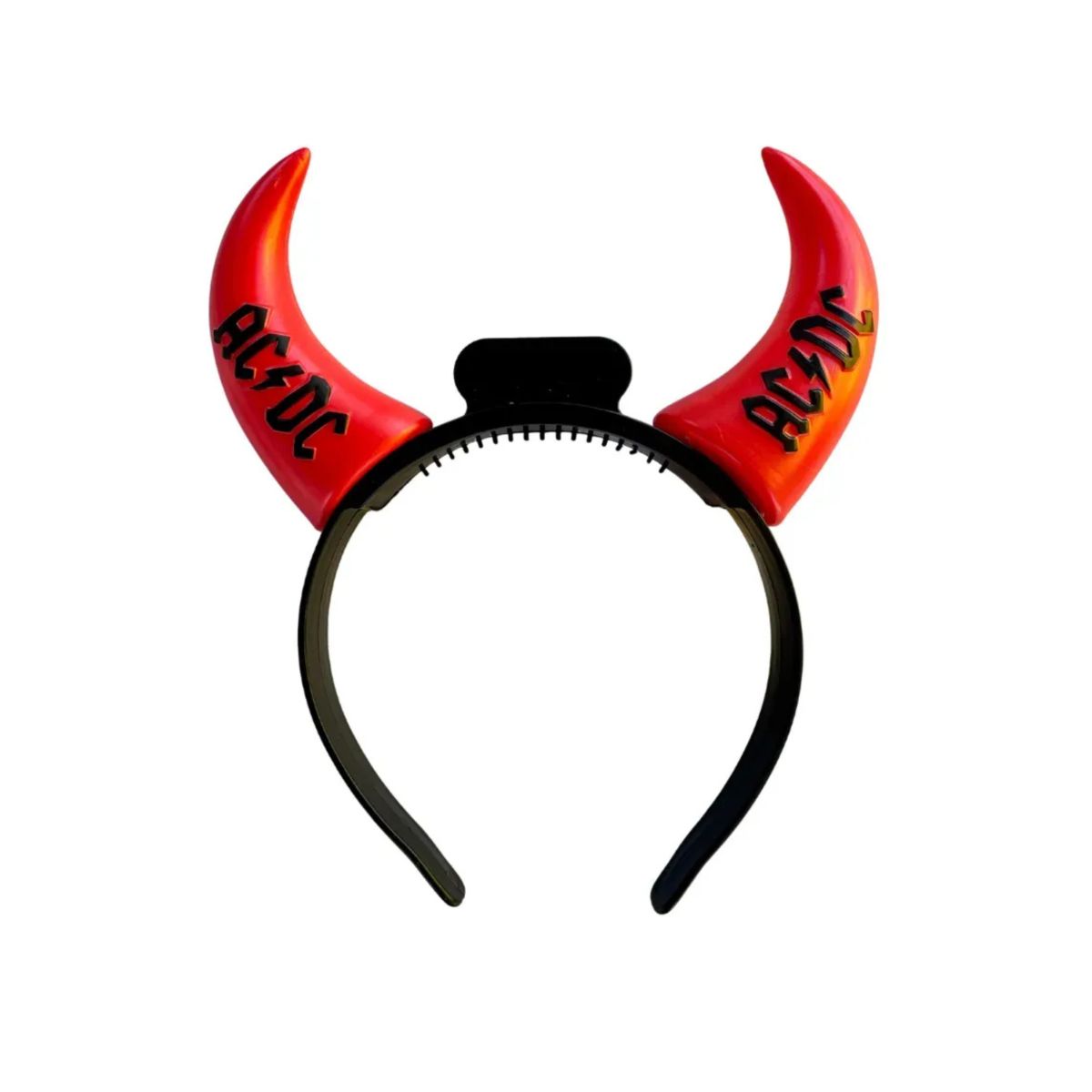 A pair of AC/DC branded red light up horns attached to a black headband.