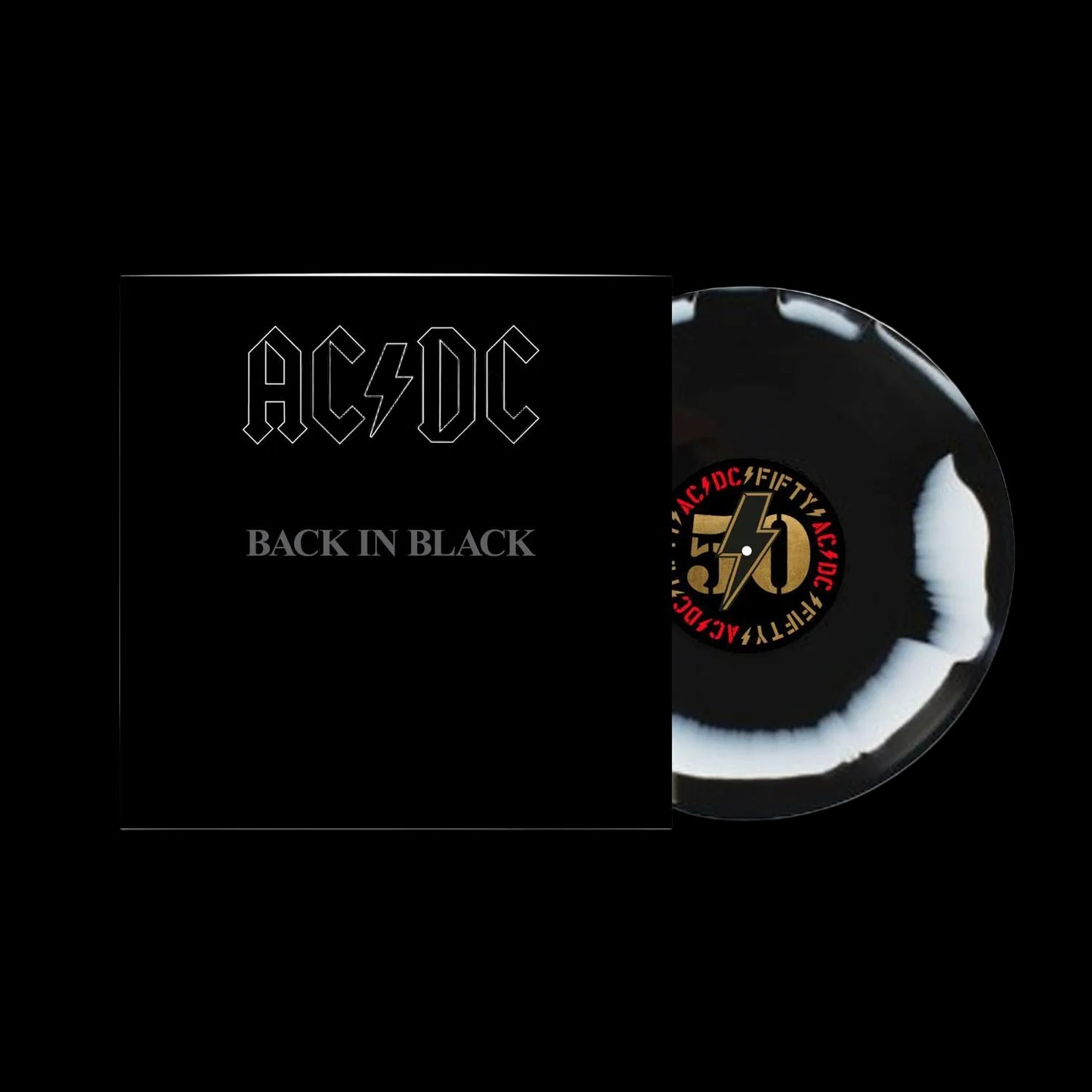 AC/DC Back in Black Vinyl LP record with a black and white cover, featuring the band's logo and the album title.