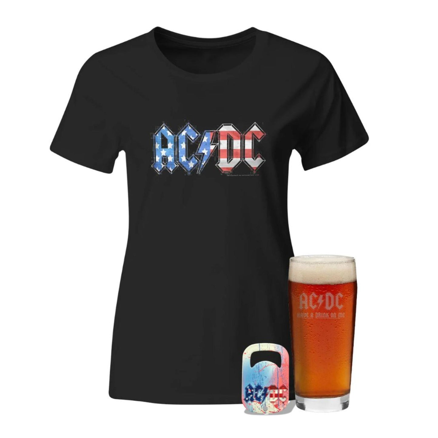 Glass and AC/DC Women's Old Glory T-Shirt Bundle + Free Bottle Opener