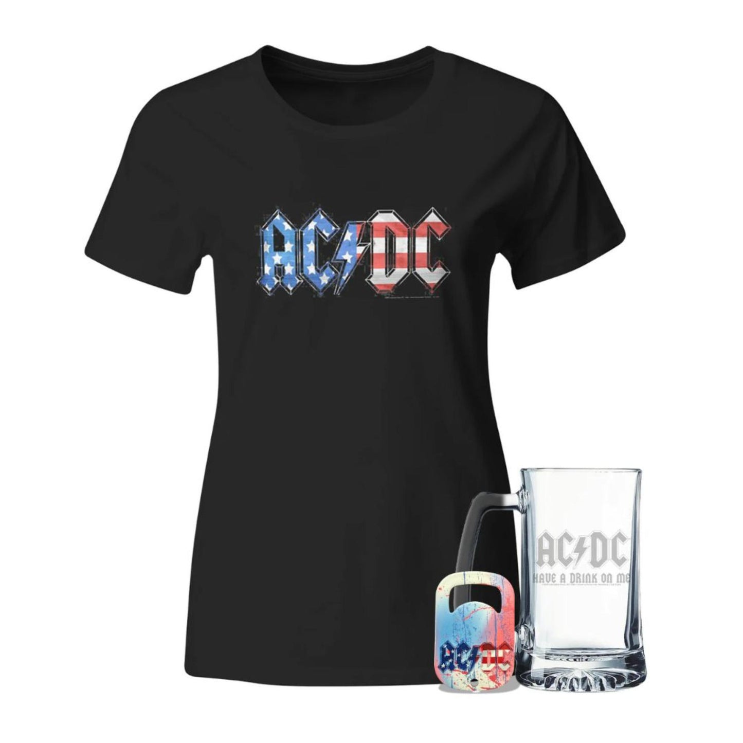 Glass and AC/DC Women's Old Glory T-Shirt Bundle + Free Bottle Opener