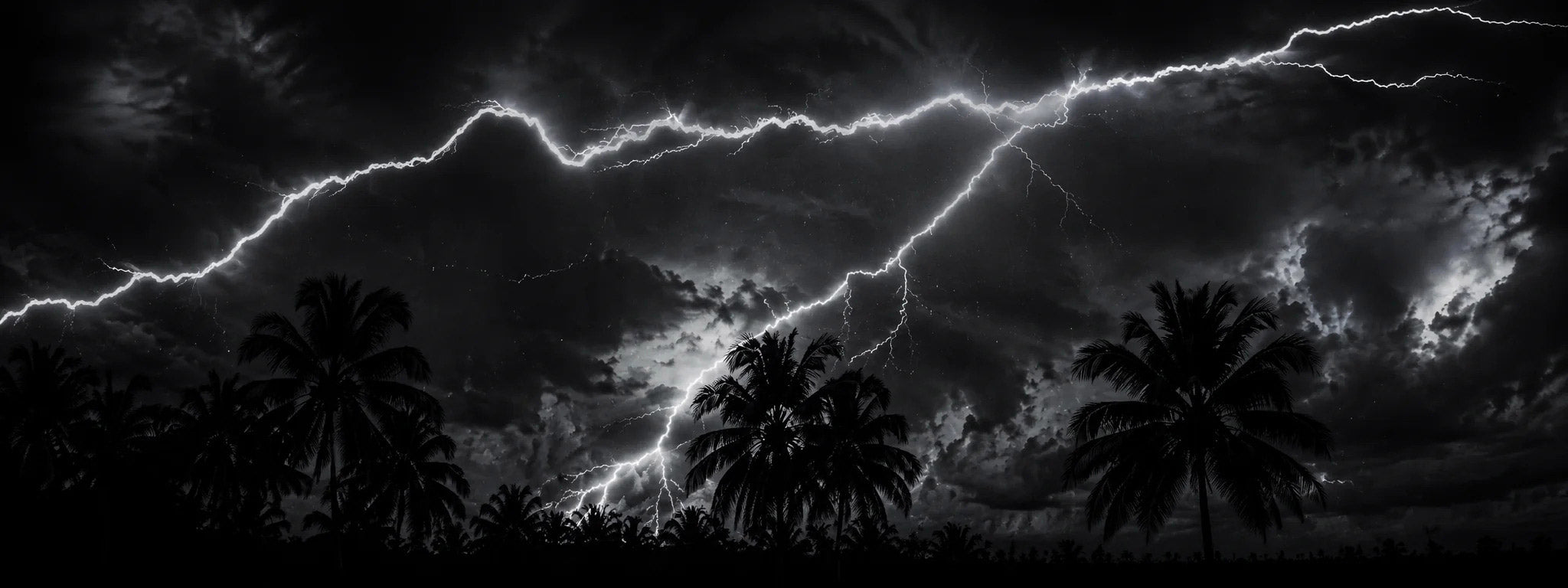 Dark landscape with palm trees and lightning strikes