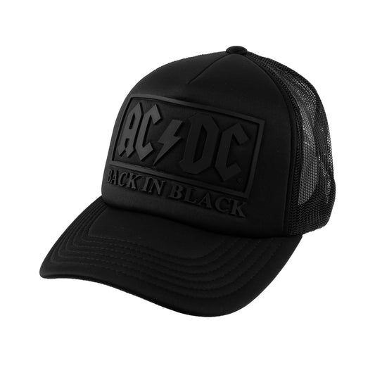 Black trucker cap with AC/DC logo and 'Back in Black' text on a white background