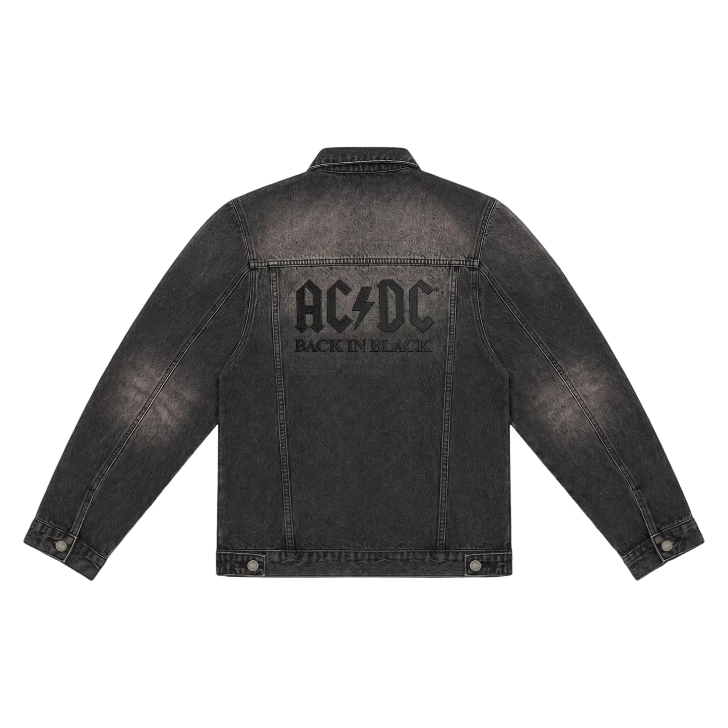 Black denim jacket with AC/DC logo and 'Back in Black' text on a white background