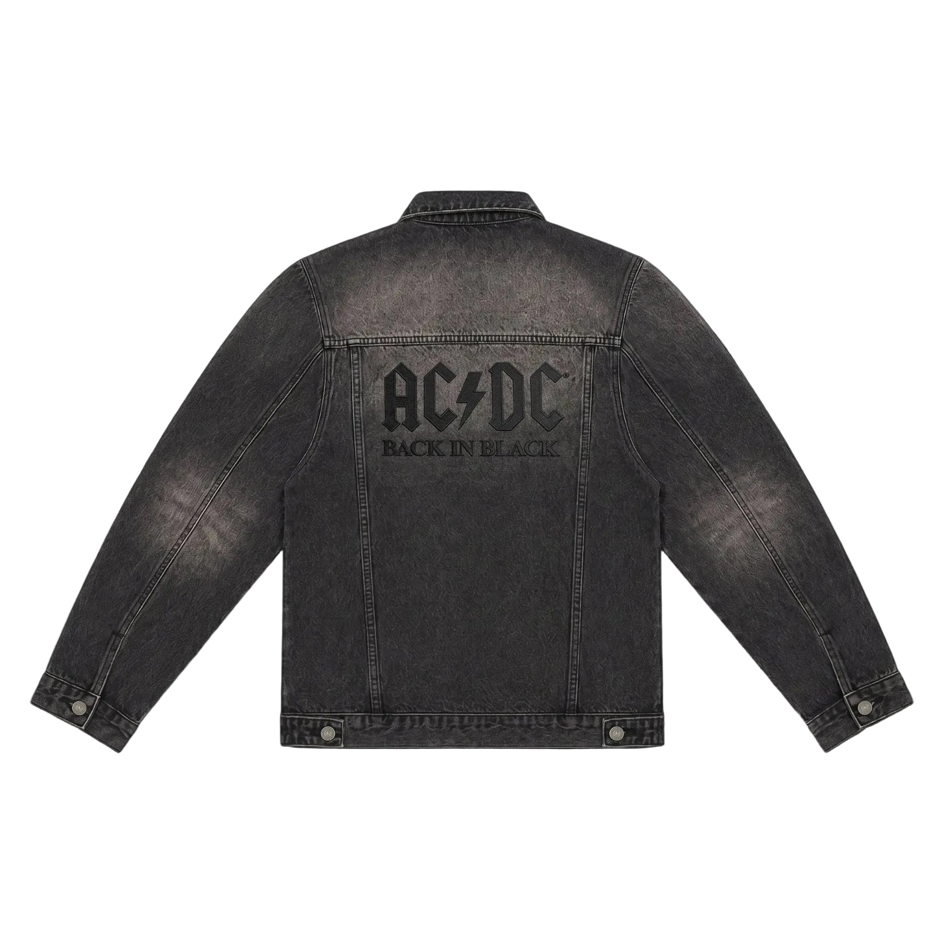 Black denim jacket with AC/DC logo and 'Back in Black' text on a white background