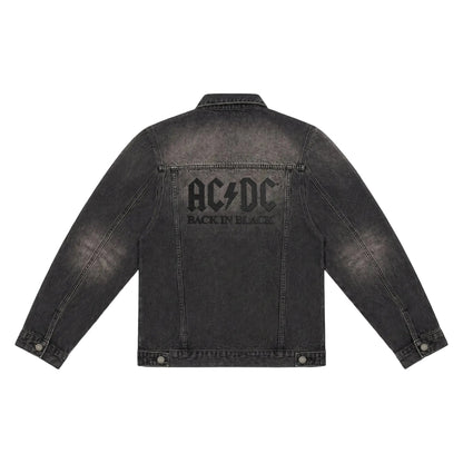 Black denim jacket with AC/DC logo and 'Back in Black' text on a white background