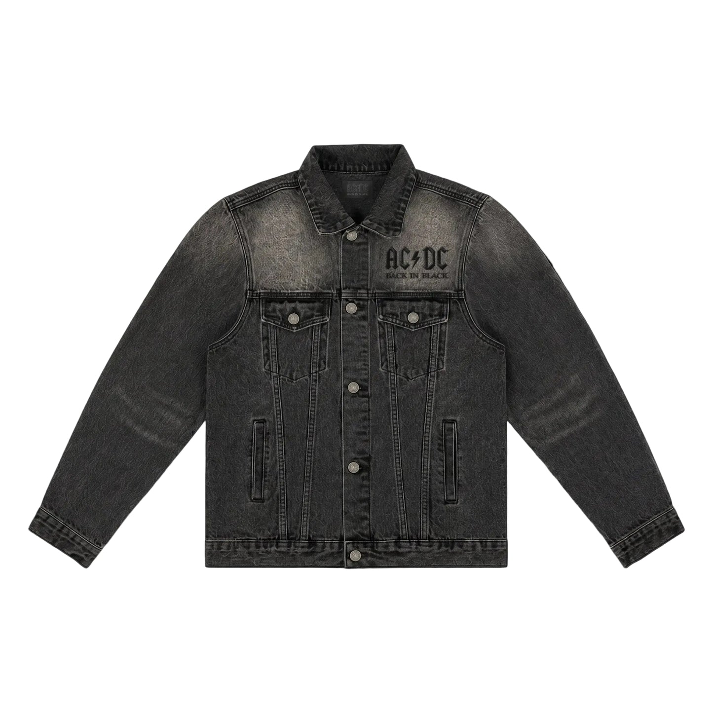 Black denim jacket with AC/DC logo on a white background