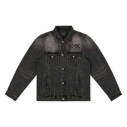 Black denim jacket with AC/DC logo on a white background