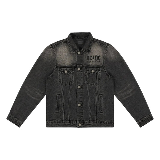 Black denim jacket with AC/DC logo on a white background