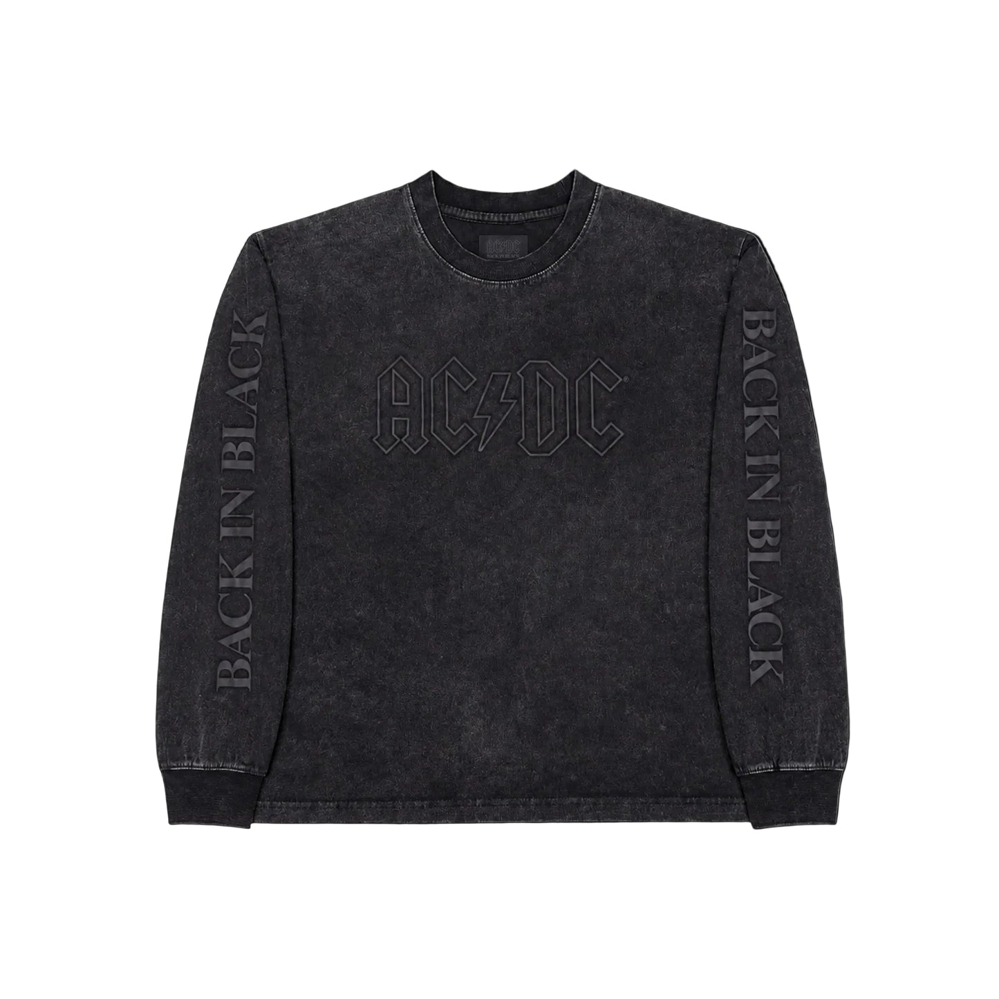 Black long-sleeve shirt with AC/DC logo and 'Back in Black' text on a white background