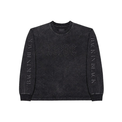 Black long-sleeve shirt with AC/DC logo and 'Back in Black' text on a white background