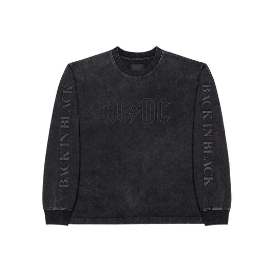 Black long-sleeve shirt with AC/DC logo and 'Back in Black' text on a white background