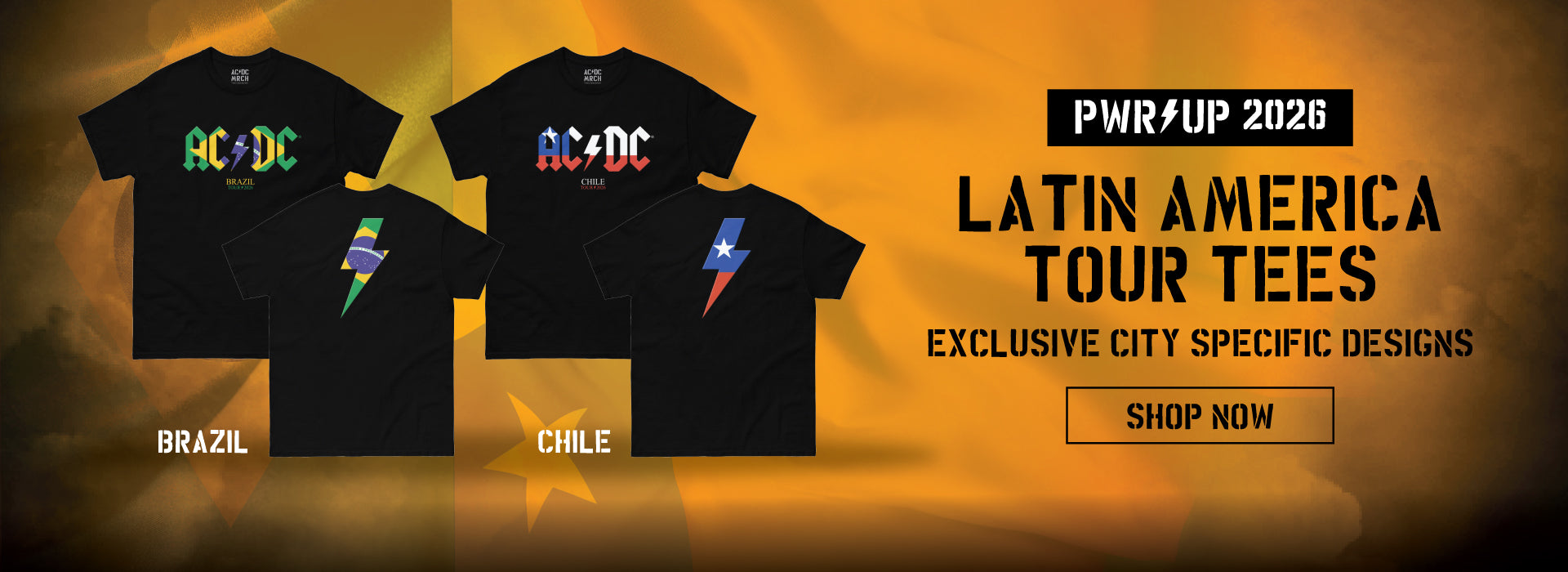 PWR UP 2026 Latin American Tour Tees. Exclusive City Specific Designs. Shop Now