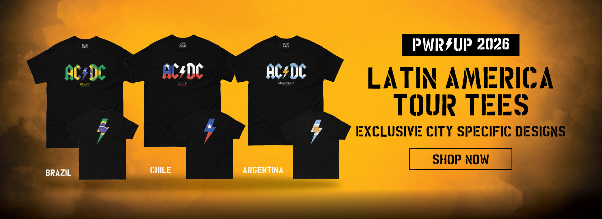 PWR Up 2026. Latin America Tour Tees. Exclusive City Specific Designs. Shop Now