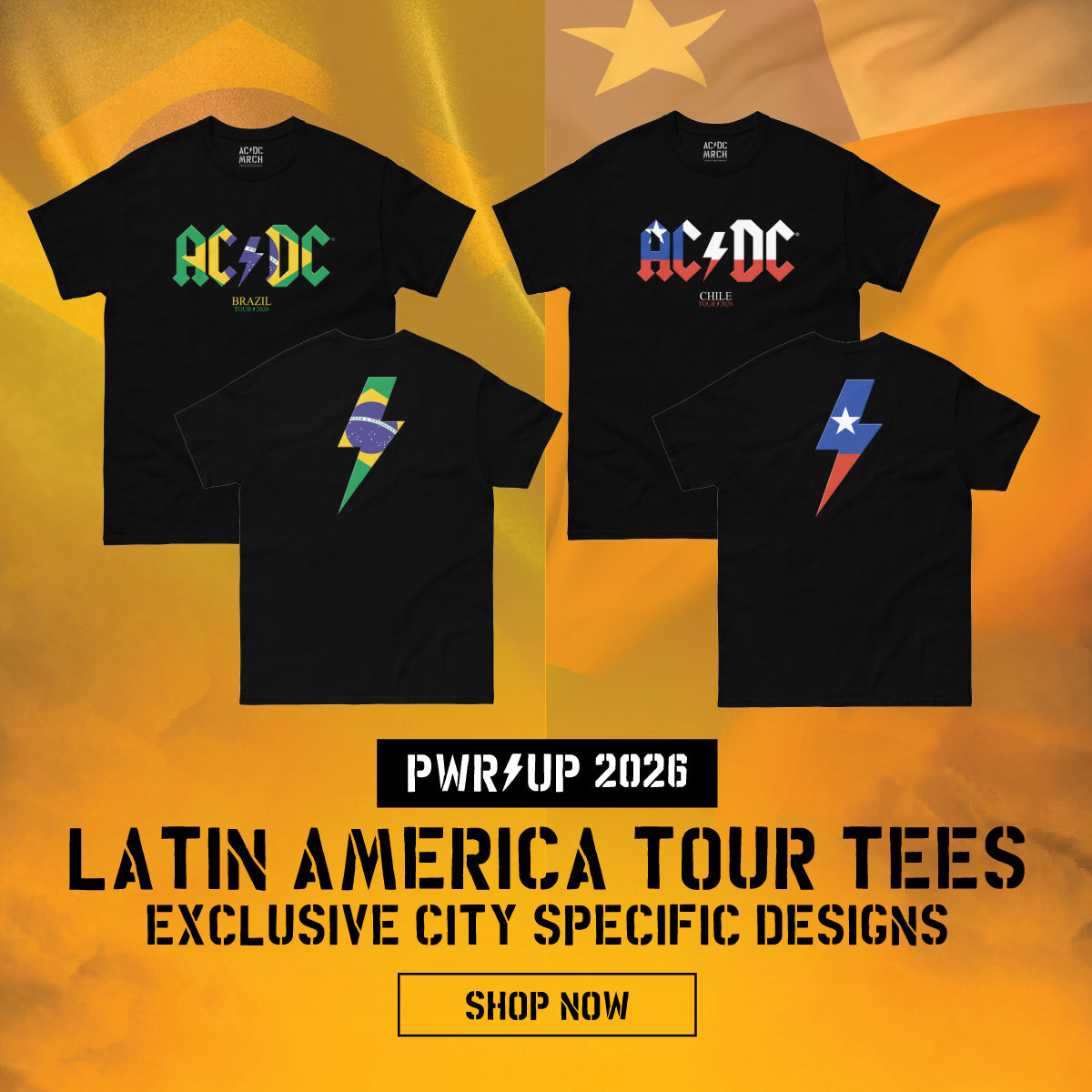 PWR UP 2026 Latin American Tour Tees. Exclusive City Specific Designs. Shop Now