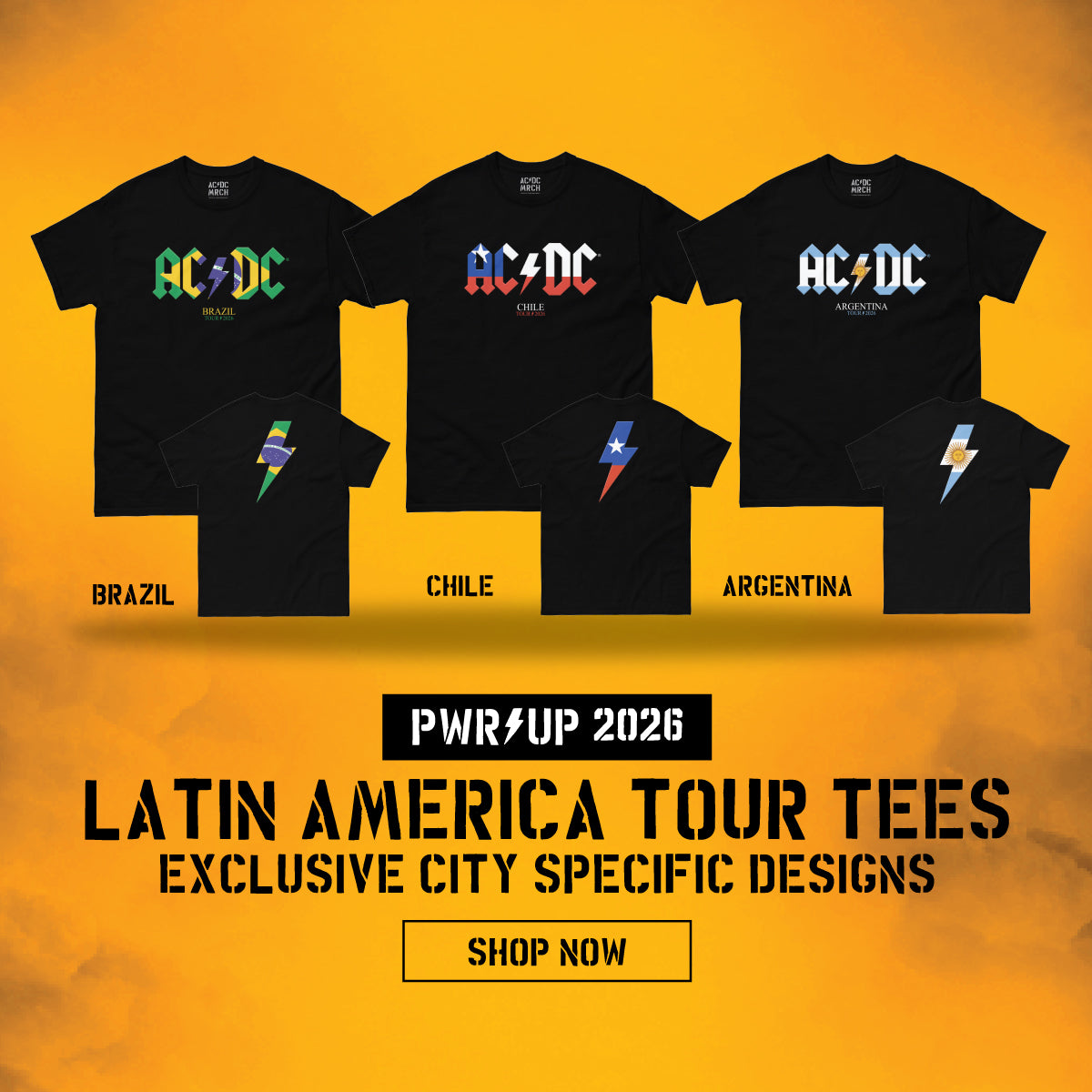 PWR Up 2026. Latin America Tour Tees. Exclusive City Specific Designs. Shop Now